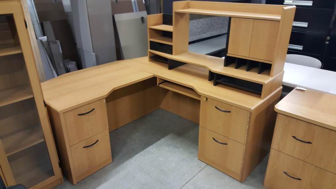 Honey L Shaped Corner Desk with Drawers and Hutch