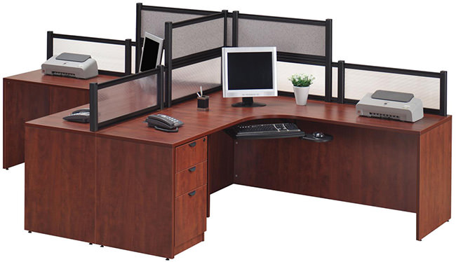 Cherry T-Shape Desk with Frosted Glass Divider Panels