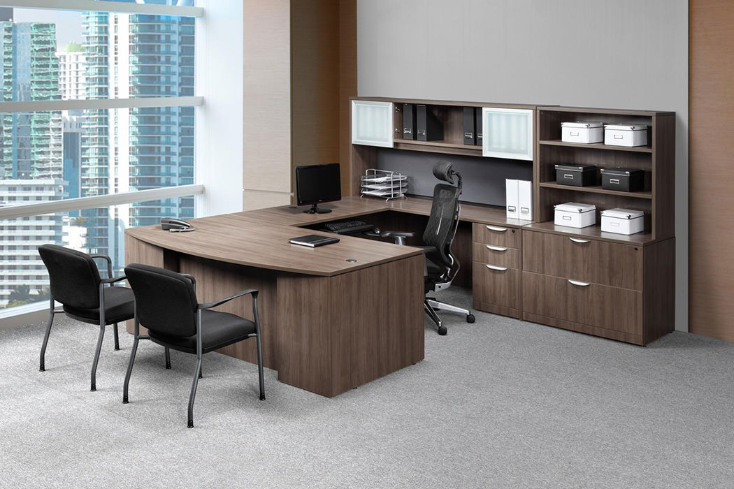 5 High End Executive Desk Sets That Make A Great Impression   Laminate Modern Walnut U Shaped Desk By Harmony 