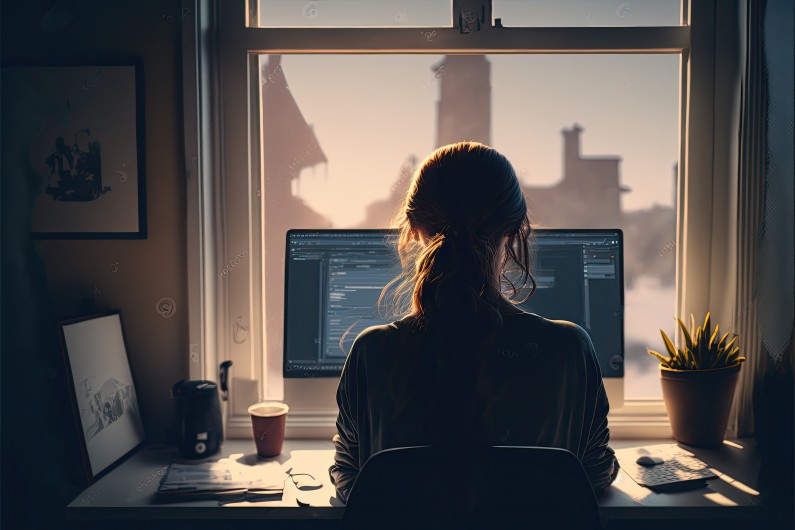 Woman working at small window desk