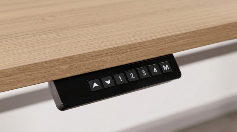 Elevare Height Adjustable L Shaped Desk With Storage Control Panel Closeup at Madison Liquidators