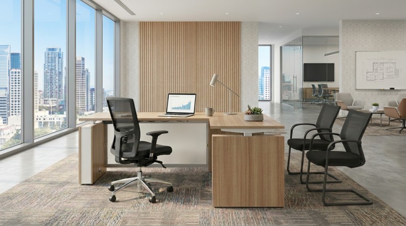 Elevare Height Adjustable L Shaped Desk With Storage at Madison Liquidators