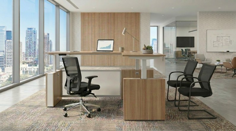 Elevare Height Adjustable L Shaped Desk With Storage at Madison Liquidators