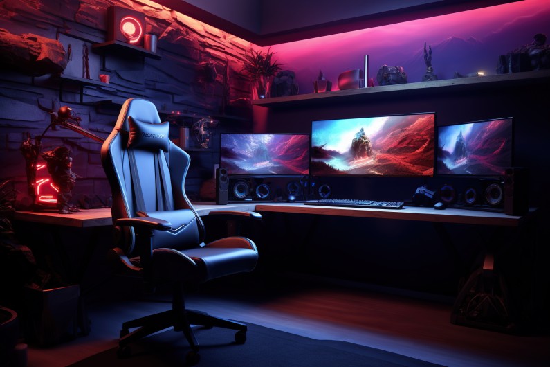 purple gaming room with floor mat