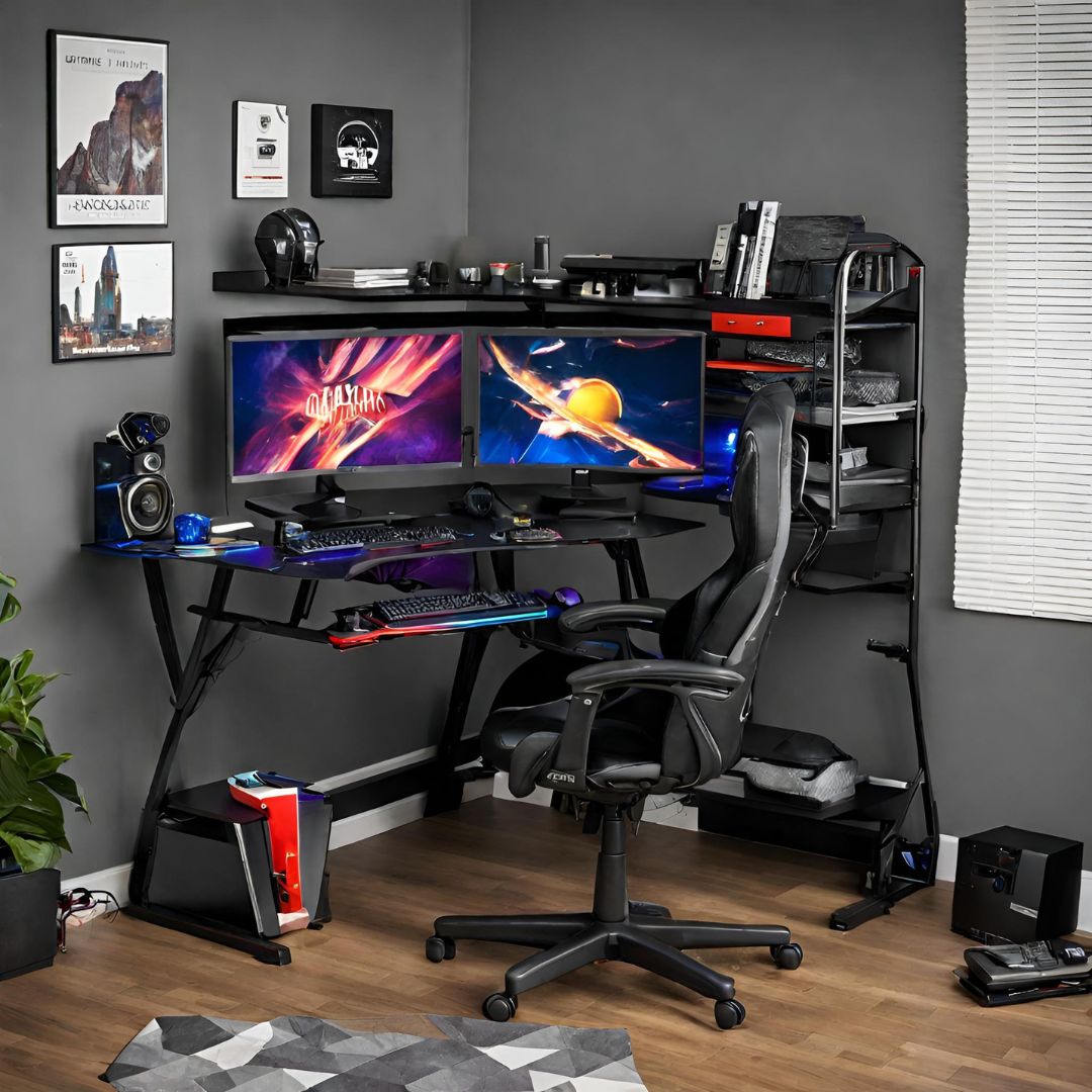 Corner gaming desk with dual monitors and gaming accessories