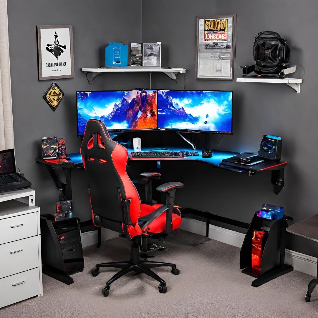 Corner gaming desk with gaming accessories