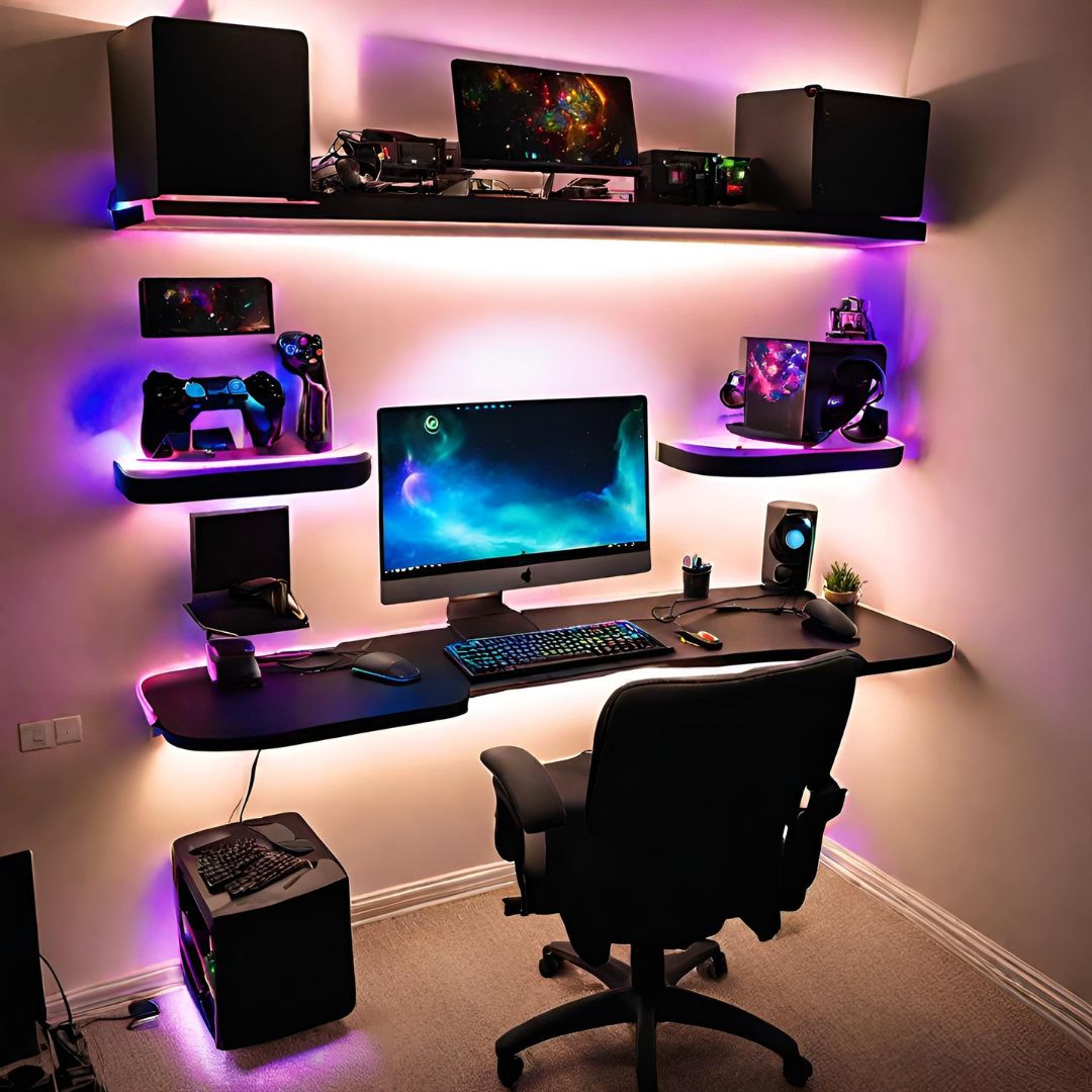 gaming setup with floating shelf and LED lights