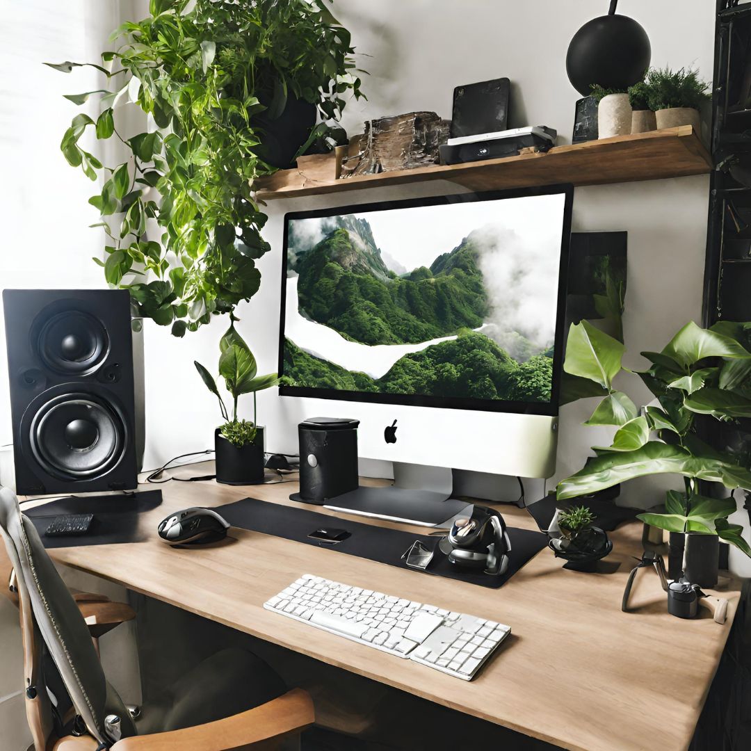 gaming desk with greenery