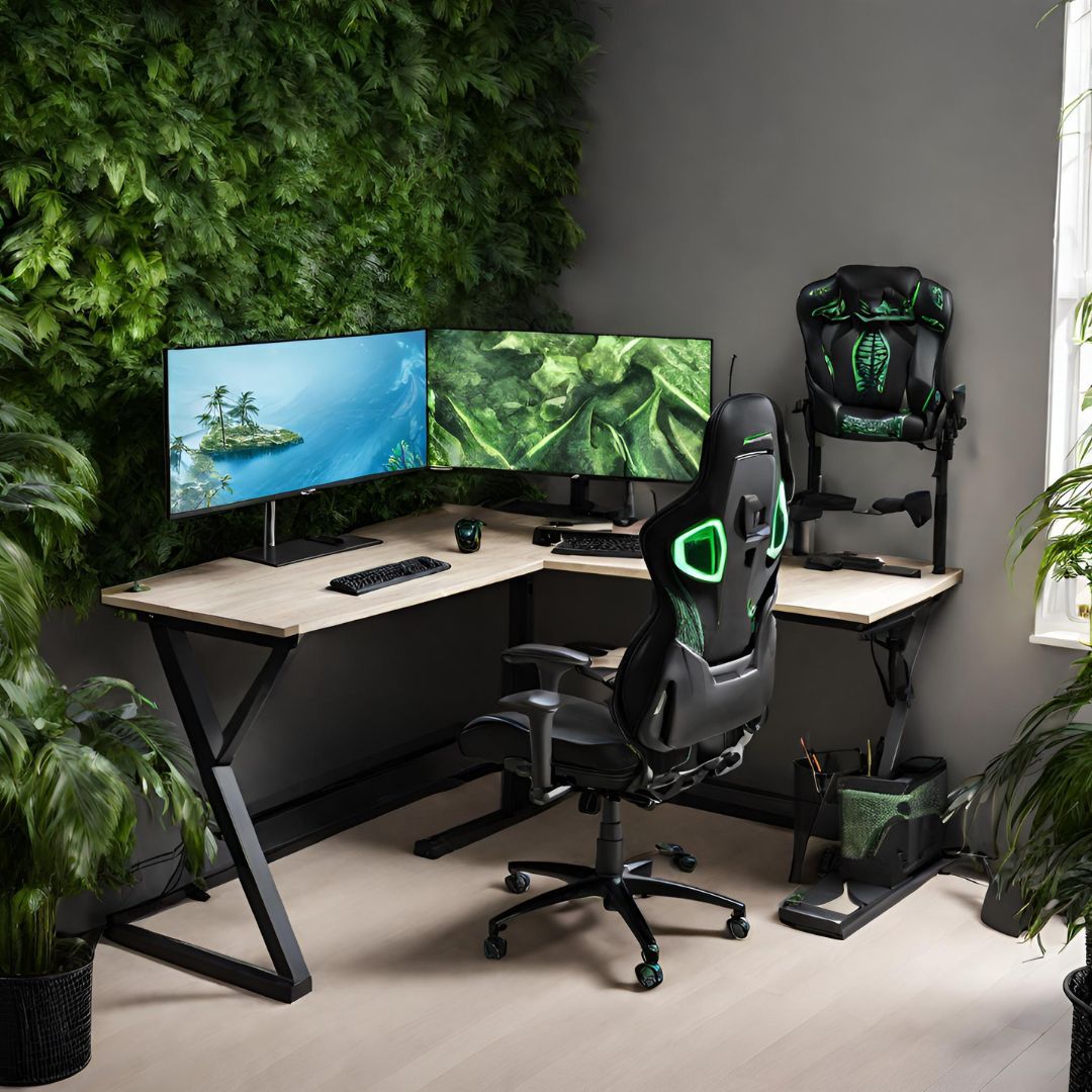 good gaming desk setup with L shaped gaming desk and plant wall