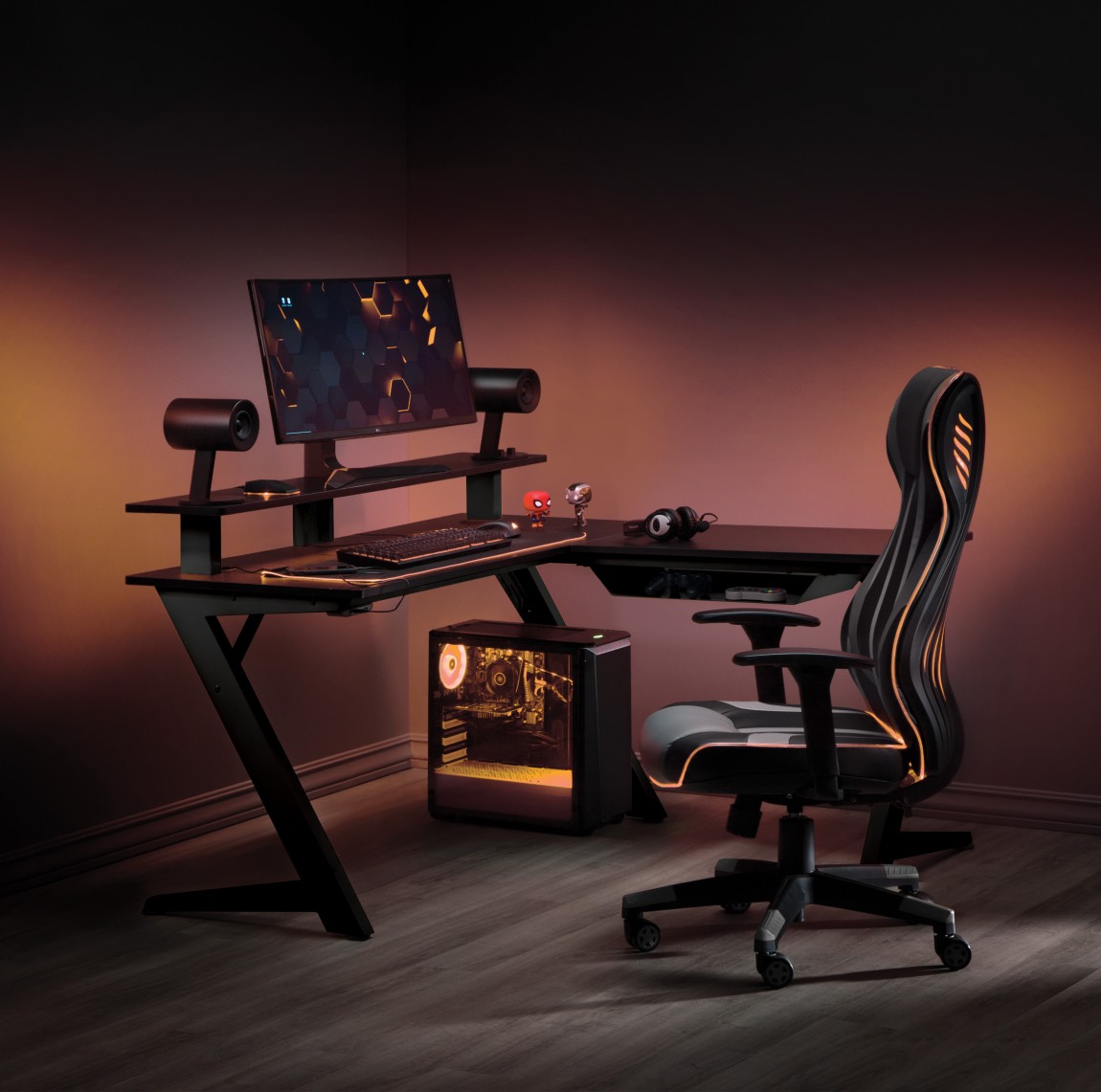ergonomic chair and warm lighting gaming setup