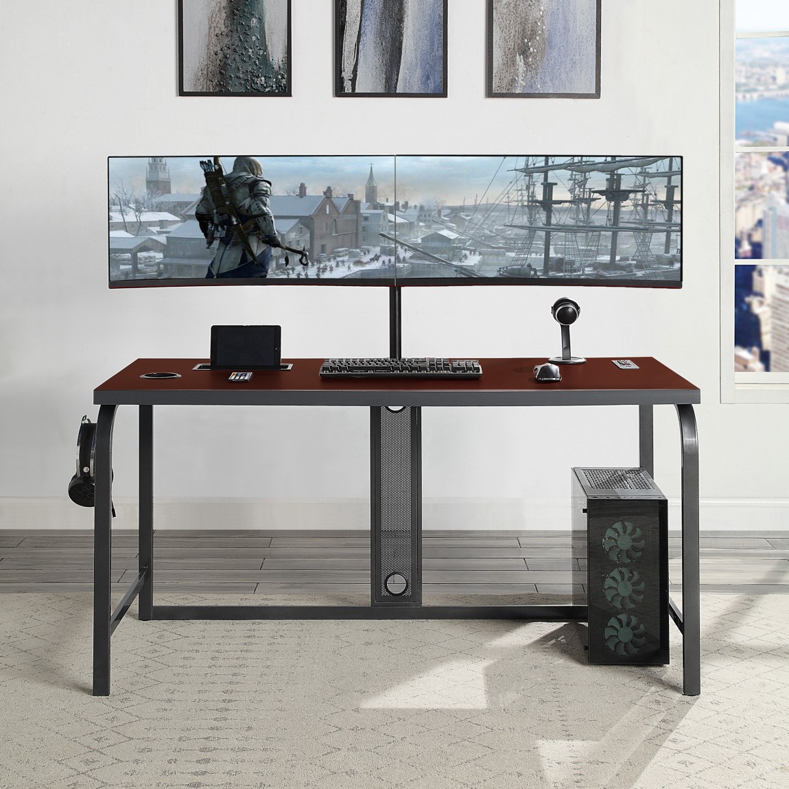 minimalist gaming desk with gaming pc