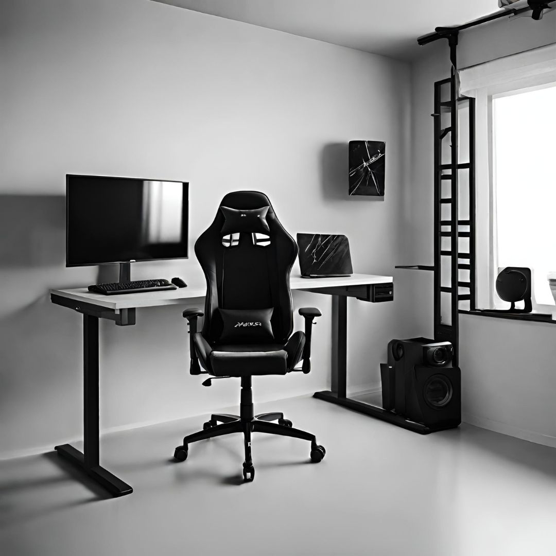 black minimalist gaming desk with gaming pc