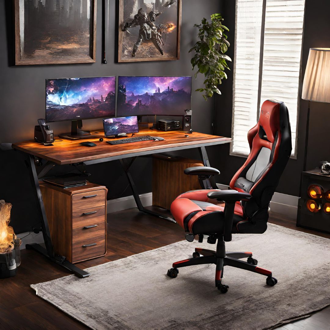 warm wood gaming desk setup with gaming chair and storage space