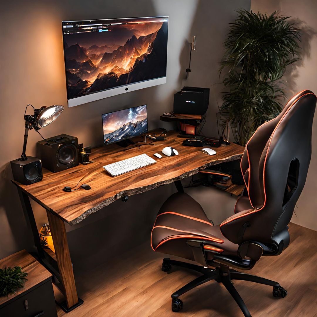 warm wood gaming desk setup