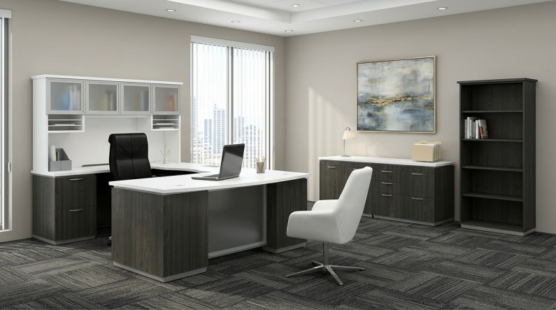 Bow Front U Shaped Desk With Hutch and Drawers at Madison Liquidators