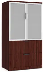 Lateral File Cabinet with Storage Top and Glass Doors