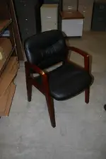Mahogany Arms and Black Leather Seat Office Guest Chair