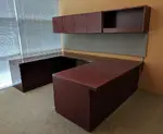 Solid Wood Cherry U-Shape Desk with Overhead Storage â€“ Left Bridge