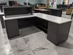 Putty Laminate L-Shaped Desk with Gray Base and Drawers