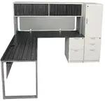 Gray and White Modern L Shaped Desk with Side Storage and Hutch