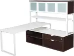 L Shape Desk with Silver Legs Side Storage and Hutch