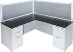 White and Gray L Shaped Desk with Locking Drawers and Privacy Panel