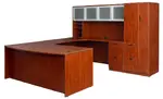 U Shape Desk with Drawers Glass Hutch and Cabinet
