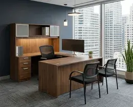U Shape Desk with Hutch and Drawers - HL