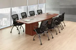 Cube Base Boat Shaped Conference Table and Nesting Chairs Set