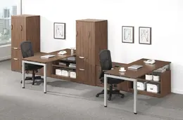 2 Person Modern Walnut L Shaped Desks with Storage Towers