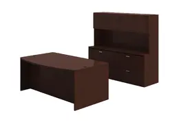 Bow Front Desk with Lateral Credenza and Hutch - Amber