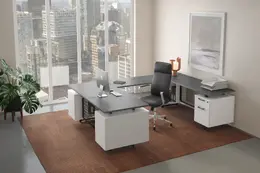 Modern U Shaped Desk with Drawers - Riser
