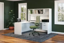 L Shaped Credenza Desk with Hutch - PL Laminate