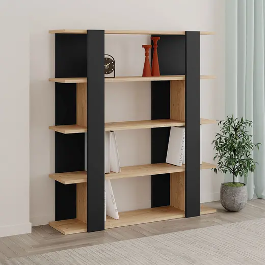 Niche 5 Shelf Modern Wooden Bookcase  48H x 43W- Light Oak / Black - 43 x 11.5 x 48