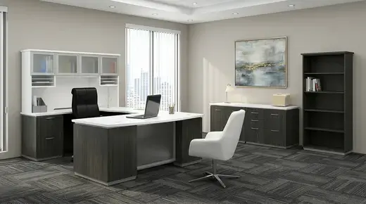 Bow Front U Shape Desk with Hutch and Drawers