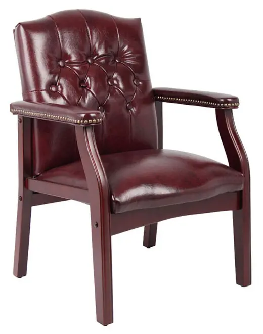 Traditional Burgundy Vinyl Guest Chair W/ Mahogany Finish