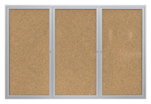 36x72   3-Door  Satin Aluminum Frame Enclosed Bulletin Board - Natural Cork