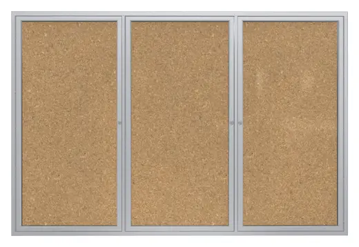 48x72   3-Door  Satin Aluminum Frame Enclosed Bulletin Board - Natural Cork