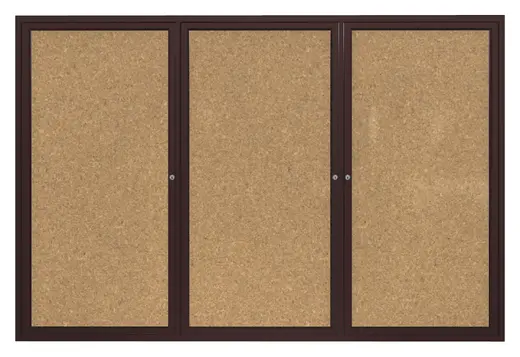 36x72   3-Door  Bronze Aluminum Frame Enclosed Bulletin Board - Natural Cork