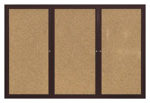 48x96   3-Door  Bronze Aluminum Frame Enclosed Bulletin Board - Natural Cork