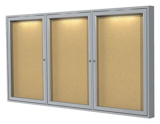 36x72   3-Door  Aluminum Frame Enclosed Natural Cork Bulletin Board w/ Concealed Lighting