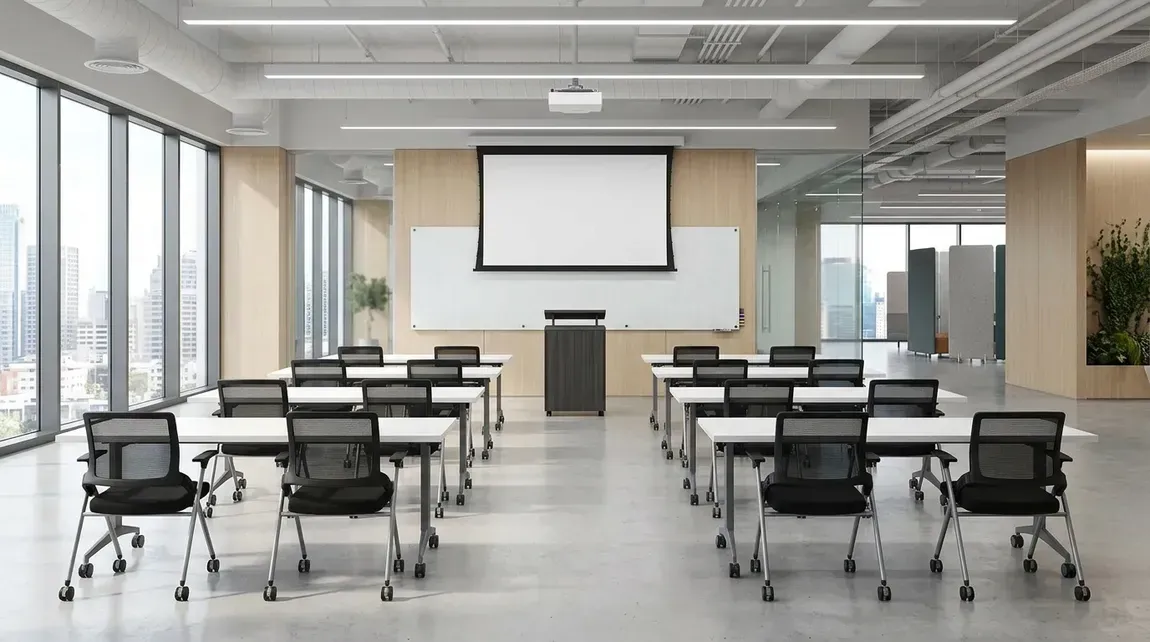 Flip Top Training Tables with Lectern and Whiteboard