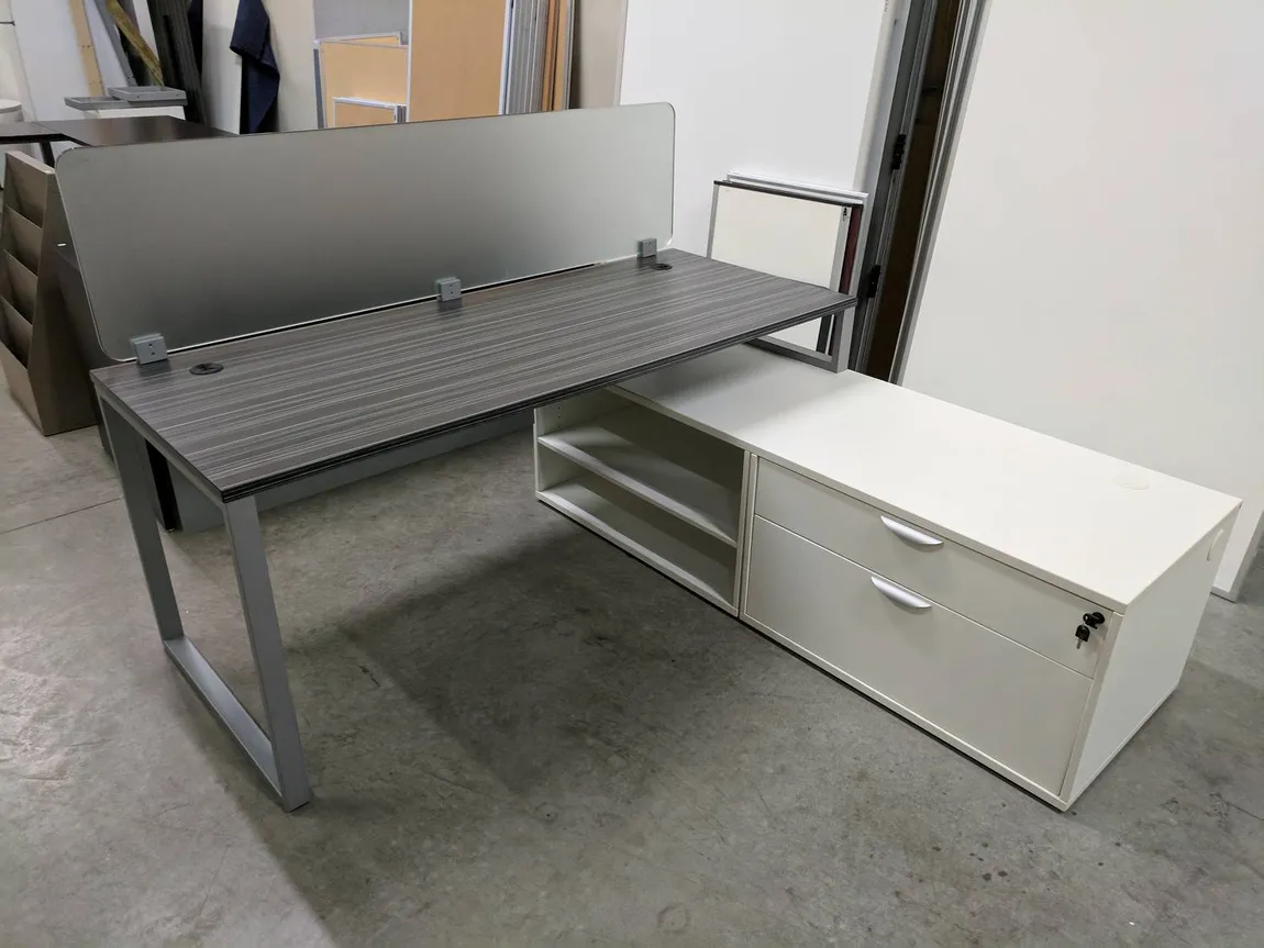 Tiger Stripe and White L-Shaped Desk With Credenza