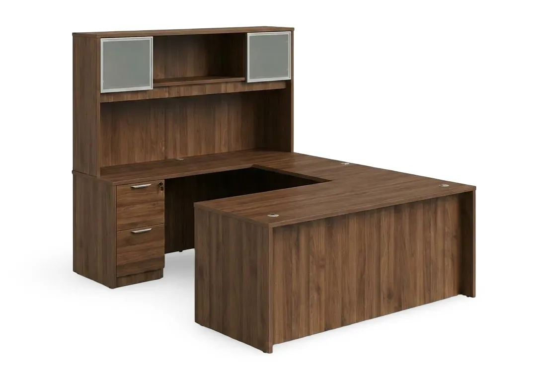 U Shape Desk with Hutch and Drawers