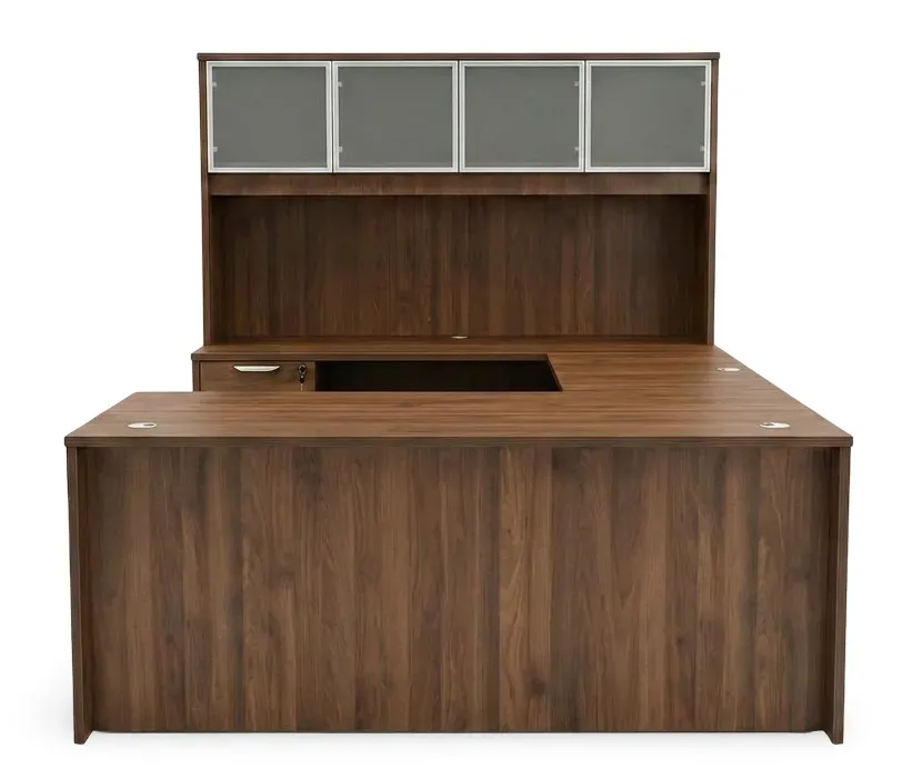 U Shaped Desk with Hutch and Drawers