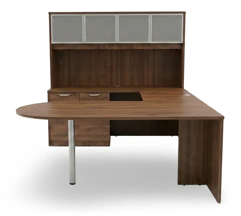 U Shaped Peninsula Desk with Hutch and Drawers