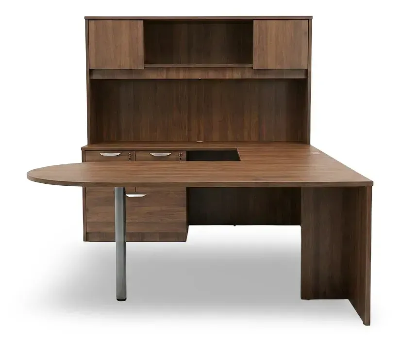 U Shaped Peninsula Desk with Hutch and Drawers