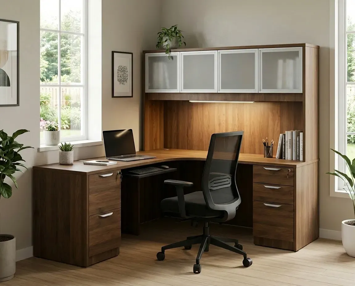 L Shape Desk with Hutch and Drawers