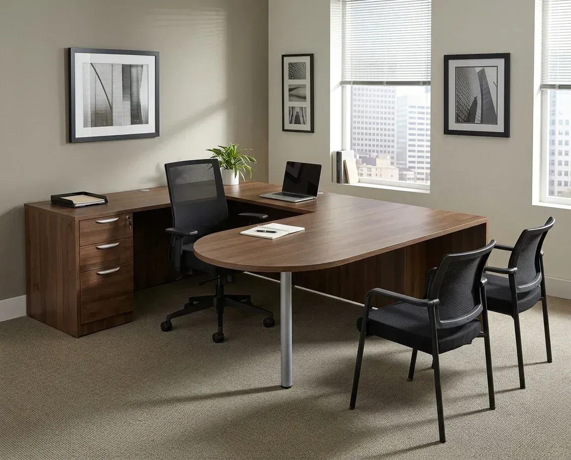 U Shaped Peninsula Desk with Drawers