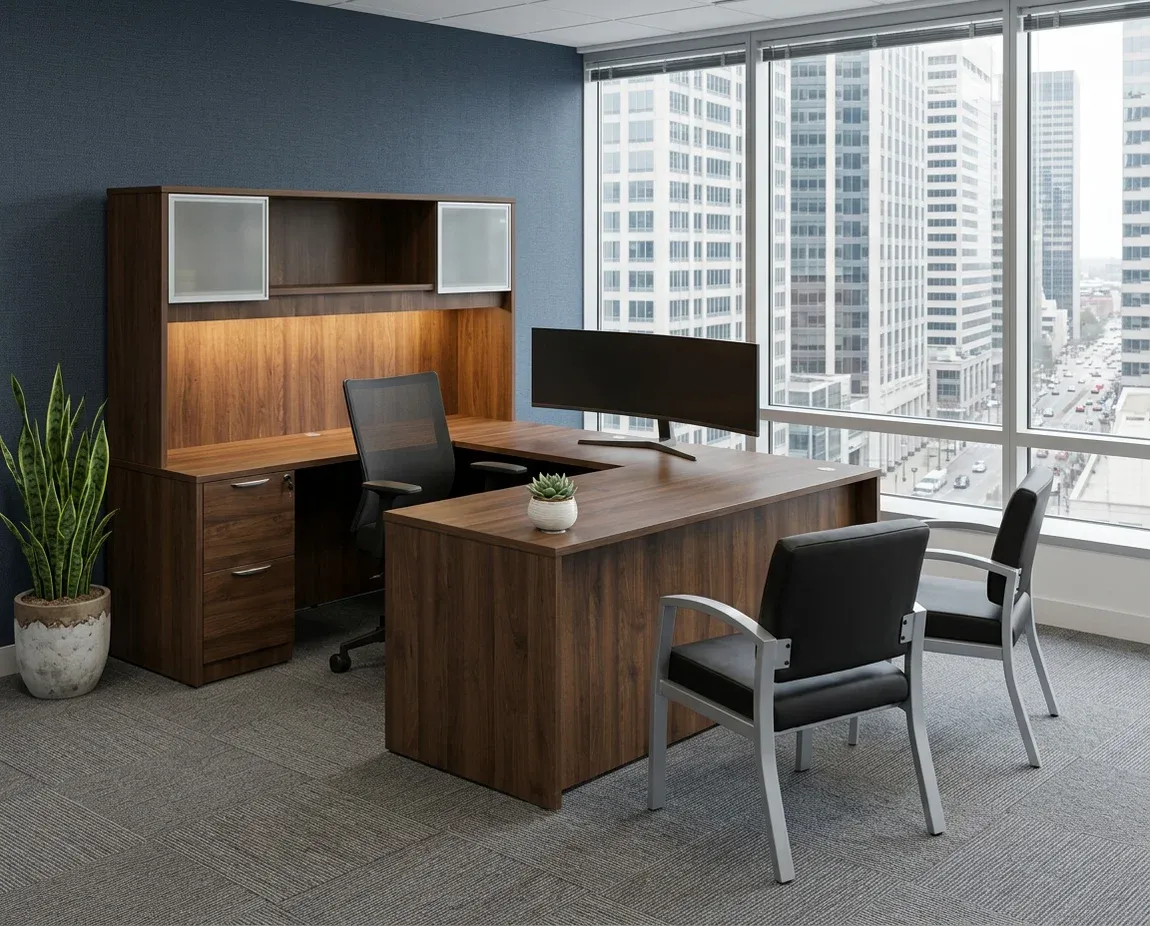 U Shape Desk with Hutch and Drawers